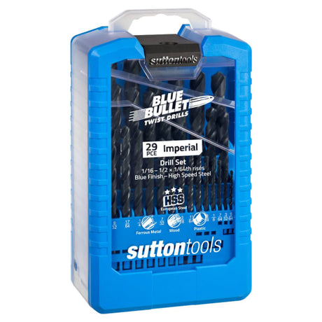 29-piece Sutton Drill Bit Set in blue, ranging from 1/16" to 1/2", designed for precision drilling in ferrous metals.