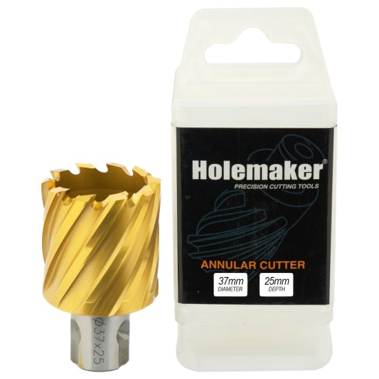 Holemaker Uni Shank Tin Cutter 37mm x 25mm, high-speed steel, titanium-coated for durability, designed for precise, burr-free cuts.