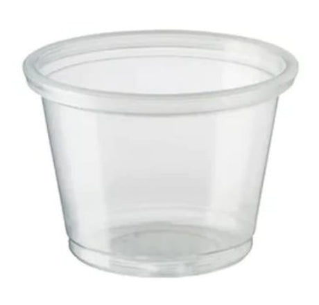 Clear plastic portion cup holding 171ml, ideal for sauces and snacks, eco-friendly, fits food service trolleys, 100-pack.