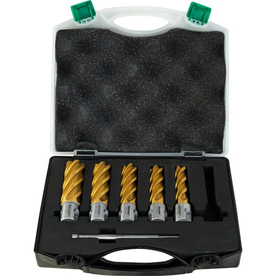 6-piece Holemaker Uni Shank Tin Cutter Set with sizes 14mm to 22mm, designed for precise and durable tin cutting.