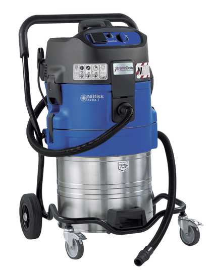 Nilfisk M-Class Dust Extractor with 70L stainless steel container, 27mm hose, powerful suction, low noise, and 99.9% filtration.