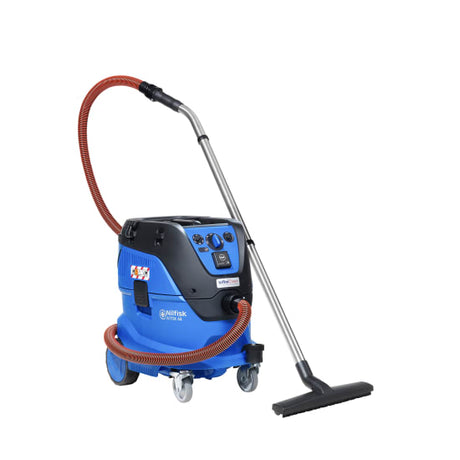 Nilfisk Wet & Dry M-Class Vacuum with Power Socket-44L, featuring 44L capacity, M-Class filtration, and automatic filter cleaning.