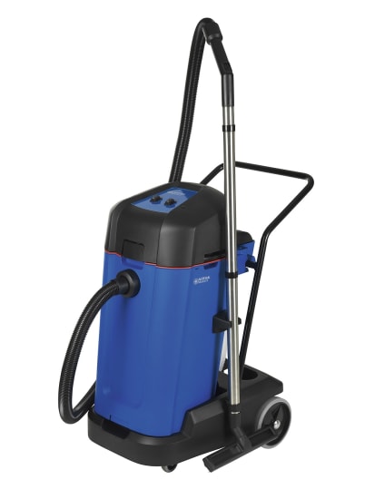 Nilfisk 75L wet & dry vacuum featuring easy emptying, stainless steel tube, and wet mesh filter for versatile cleaning tasks.