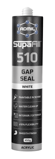 Admil SupaFill 510 Gap Seal in White, 450g; versatile acrylic sealant for filling and sealing gaps before painting.