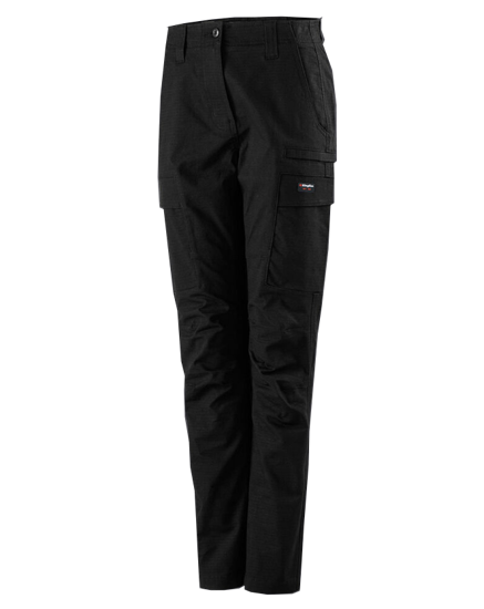 Black KingGee Women's Workcool Pro Pant K43012 with curved fit, cooling vents, stretch waistband, and nine pockets for comfort.