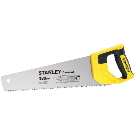 Stanley Tradecut 15" handsaw with induction-hardened blade, ergonomic grip, and triple ground teeth for efficient cutting.