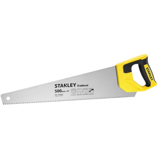 Stanley Tradecut handsaw with 500mm blade, 8 TPI, ergonomic grip, for fast, clean cuts in wood and carpentry.