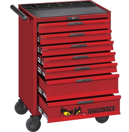 Teng 7 Drawer Roller Cabinet with soft-close drawers, combination lock, and durable red steel design for secure tool storage.