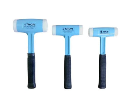 Thorace 65oz dead blow hammer with nylon faces, reduces recoil, maximizes impact, ideal for precise work without damage.