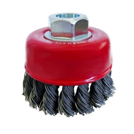 Heavy-duty Josco Brush Cup Twistknot-75mm for aggressive cleaning of paint, rust, and weld scale with durable XHD steel wire.