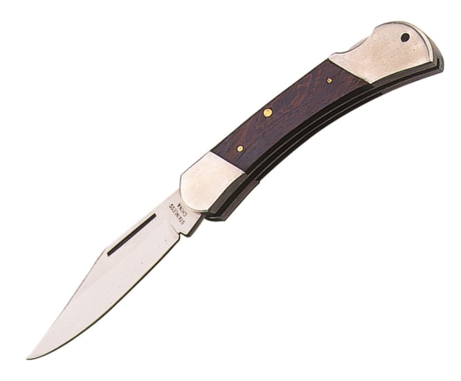 Elegant black rosewood knife with a 3.25-inch stainless steel blade, brass bolsters, and a lanyard hole for easy attachment.