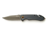 Rescue Lock Knife with 3.25" stainless steel blade, ergonomic aluminum handle, glass breaker, and safety cutter features.