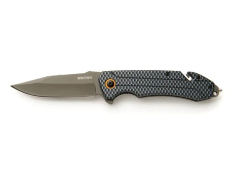 Rescue Lock Knife with 3.25" stainless steel blade, ergonomic aluminum handle, glass breaker, and safety cutter features.