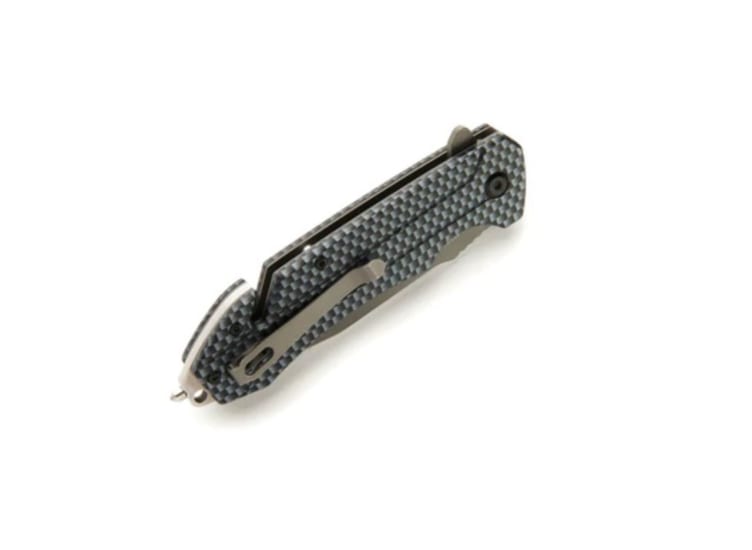 Rescue Lock Knife with 3.25" stainless steel blade, ergonomic carbon fiber handle, seat belt cutter, and glass breaker.