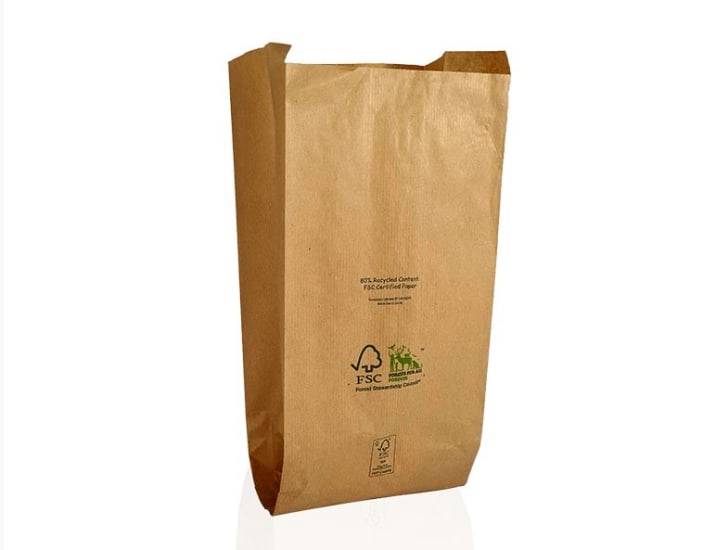 Ribbed brown kraft paper produce bags (330 x 180 x 130mm) in a case of 1000, eco-friendly and suitable for fruits and vegetables.