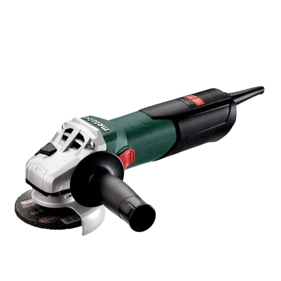 Metabo 900W W9-100 angle grinder with compact design, 10,500 RPM speed, safety clutch, and ergonomic handle for comfort.