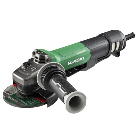 HiKOKI 1320W corded angle grinder with paddle switch, electronic brake, and ultra-slim design for precise grinding and cutting.