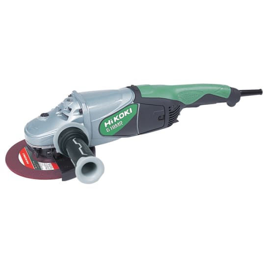 HiKOKI 2400W angle grinder with 180mm disk, featuring anti-vibration handle, durable casing, and tool-less guard adjustment.