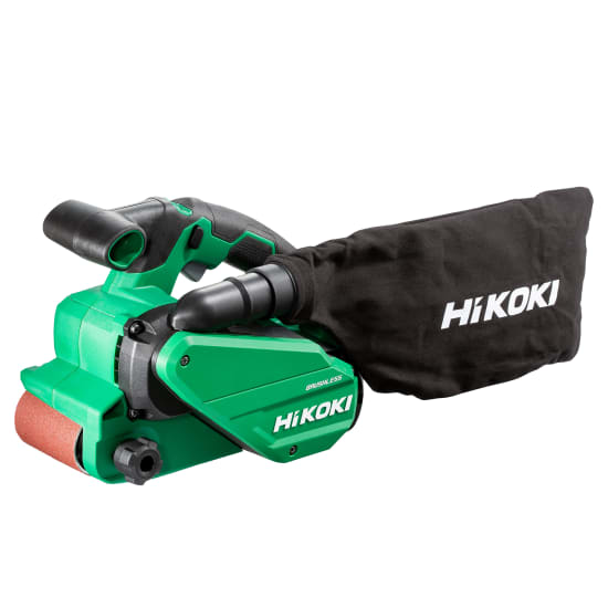 HiKOKI 36V Brushless Cordless Belt Sander showcasing a sleek design, variable speed dial, and tool-free belt change for efficient sanding.