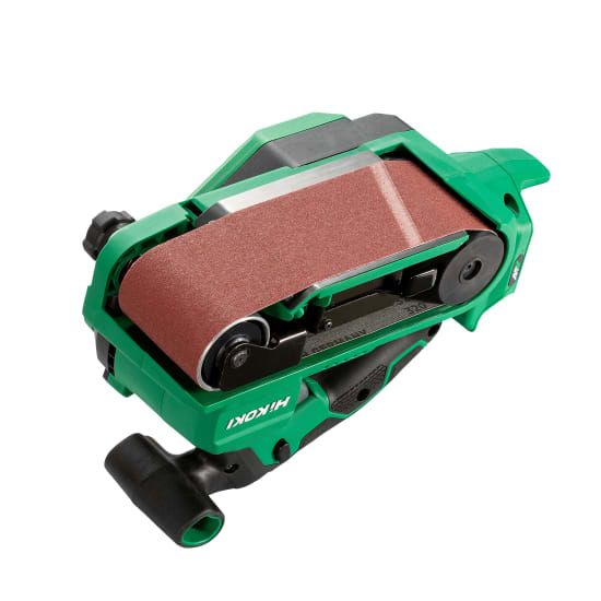 HiKOKI 36V Brushless Cordless Belt Sander, featuring a 76mm belt, variable speed dial, and tool-free adjustments for easy use.