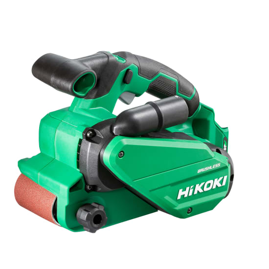 HiKOKI 36V Brushless Cordless Belt Sander, showcasing a 76mm belt, variable speed, and tool-free belt change for efficient sanding.