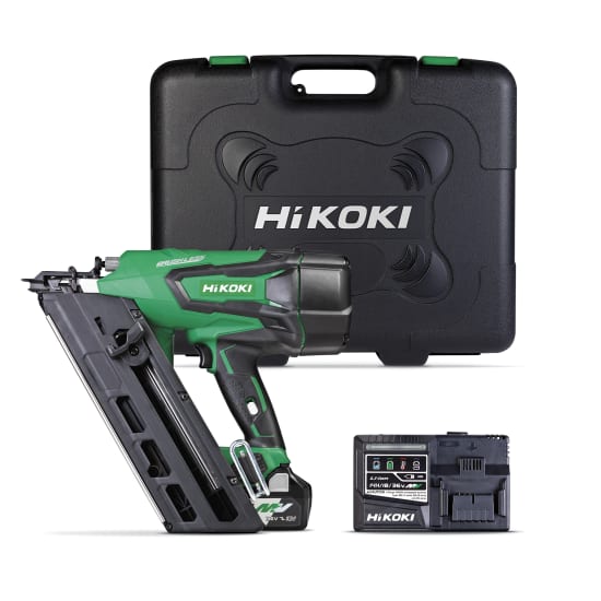 HiKOKI 18V Gasless Framing Nailer Kit with brushless motor, Multi Volt battery, and no gas required for efficient timber nailing.