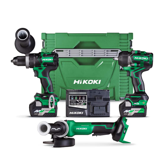 HiKOKI 36V Drill/Wrench/Grinder KC363DRBL(GRZ) Kit featuring Impact Drill, Impact Wrench, and Angle Grinder with advanced safety features.