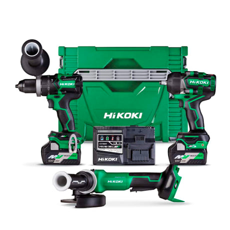 HiKOKI 36V Drill/Wrench/Grinder KC363DRBL(GRZ) Kit featuring Impact Drill, Impact Wrench, and Angle Grinder with advanced safety features.