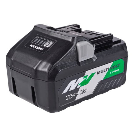 HiKOKI 18V/36V Multi Volt Battery featuring 1440W output, auto-sensing voltage, long life, and rapid 52-minute recharge capability.