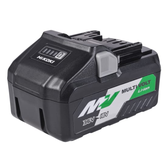 HiKOKI 18V/36V Multi Volt Battery featuring 1440W output, auto-sensing voltage, long life, and rapid 52-minute recharge capability.