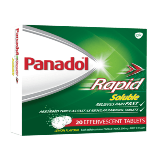 Panadol Rapid Soluble Tablets in a pack of 20, designed for fast relief from various aches and fever.