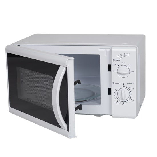 Nero White 20L microwave with 700W power, turn dial controls, 255mm turntable, sleek design, and pull handle door.