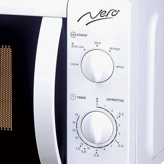Nero 20L White Microwave with 700W power, turn dial controls, and pull handle for easy access in modern kitchens.
