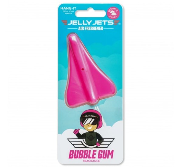 Jet-shaped bubblegum air freshener with a sweet scent, perfect for cars, homes, and boats; lasts up to 45 days.