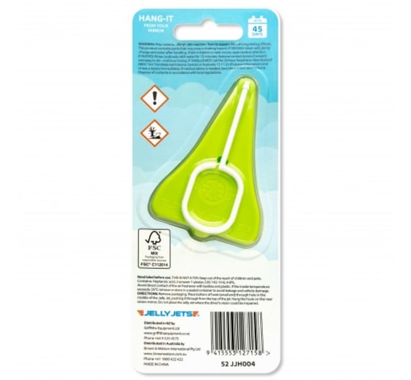 Jet-shaped green apple air freshener hanging from a rear-view mirror, providing long-lasting, refreshing fragrance for cars or homes.