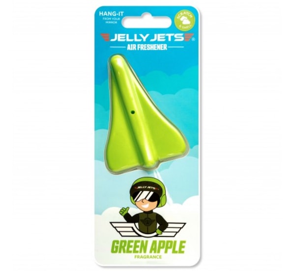 Jelly Jets Hang It Green Apple Air Freshener in a jet shape, offering fresh green apple scent and lasting freshness for 45 days.