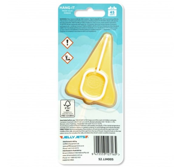 Jet-shaped vanilla air freshener designed to hang from mirrors, providing long-lasting fragrance for up to 45 days.