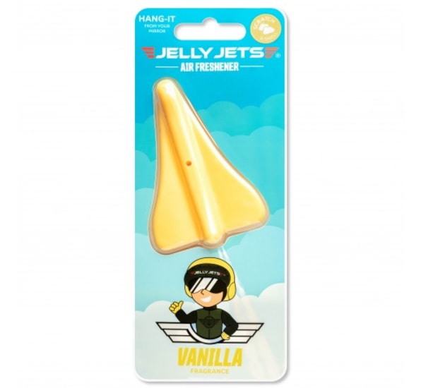 Vanilla-scented jelly jet-shaped air freshener designed to hang from mirrors, lasting up to 45 days of fragrance.