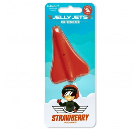 Jet-shaped air freshener in strawberry scent, designed to hang in cars, lasting up to 45 days for refreshing ambiance.