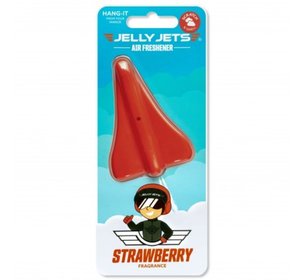 Jet-shaped air freshener in strawberry scent, designed to hang in cars, lasting up to 45 days for refreshing ambiance.