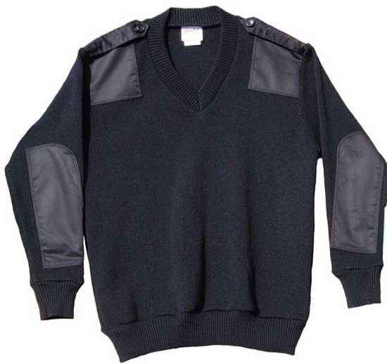 Navy wool blend crew neck military jersey with patches, size M, perfect for stylish comfort in cooler weather.