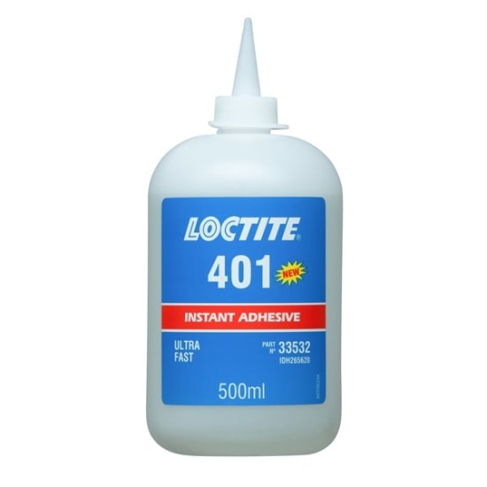 LOCTITE 401 Instant Adhesive in a 500ml bottle, ideal for quick bonding of various materials with high strength and fast cure time.