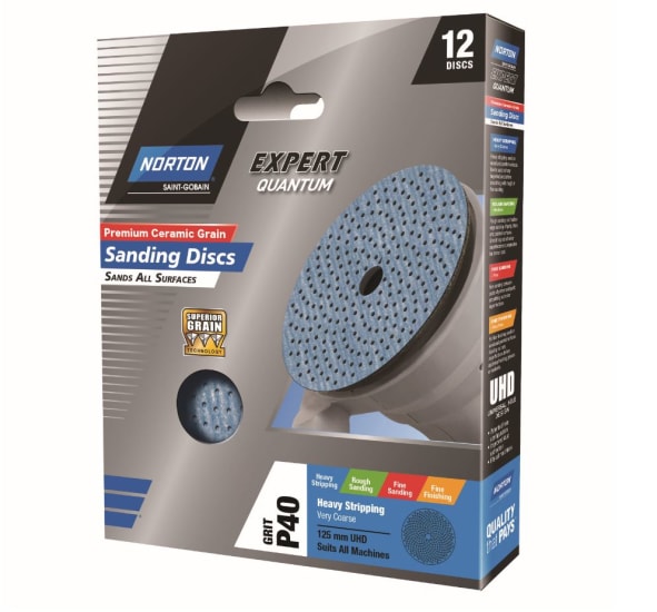 Norton Expert Quantum Premium Speed-Grip Discs in 125mm diameter, 12-pack, designed for fast cutting and durability on tough surfaces.