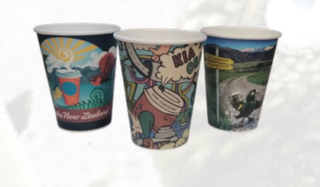Huhtamaki Kiwiana 400ml compostable paper hot cup pack of 50, showcasing eco-friendly design for sustainable beverage serving.
