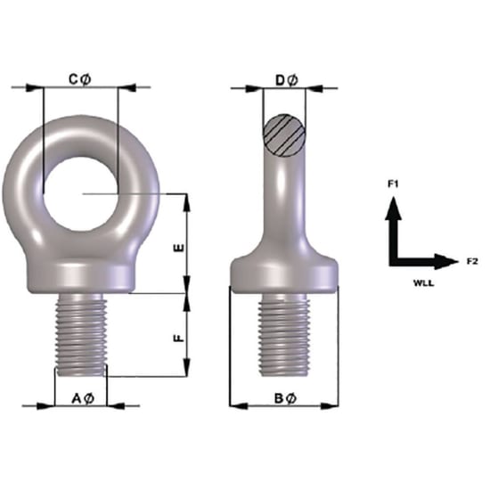 Bullivants M10 grade 4 eyebolt, designed for lifting with 0.25T WLL, compliant with AS 2317, featuring precise dimensions.