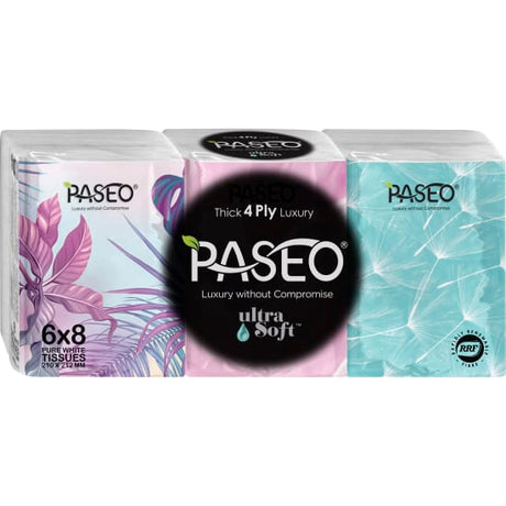 Paseo 4 Ply Mini Pocket Pack: 6 packs of 8 ultra-soft, absorbent tissues in stylish designs for on-the-go convenience.