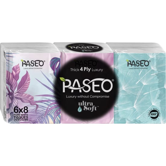 Paseo 4 Ply Mini Pocket Pack: 6 packs of 8 ultra-soft, absorbent tissues in stylish designs for on-the-go convenience.