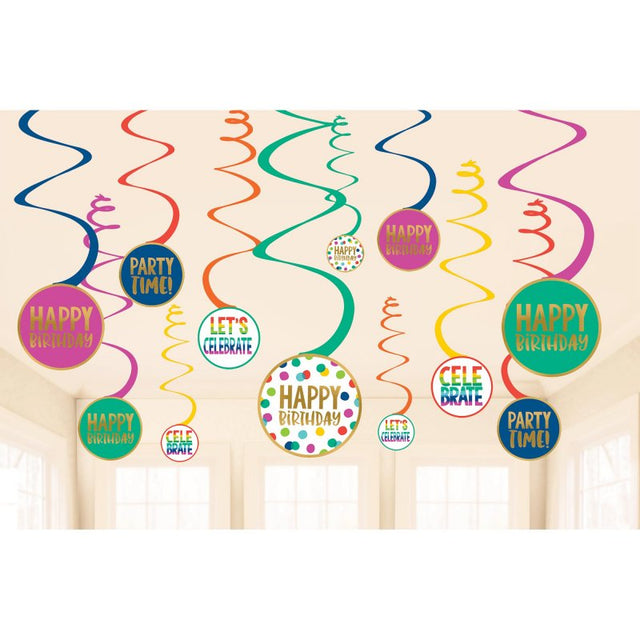 Colorful Happy Dots Spiral Swirls hanging decorations in a pack of 12 for vibrant party decor and celebrations.