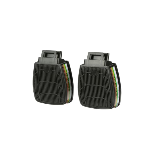 3M Secure Click D8094 Dual Flow cartridges in a box of 4 pairs for optimal respiratory protection in hazardous environments.