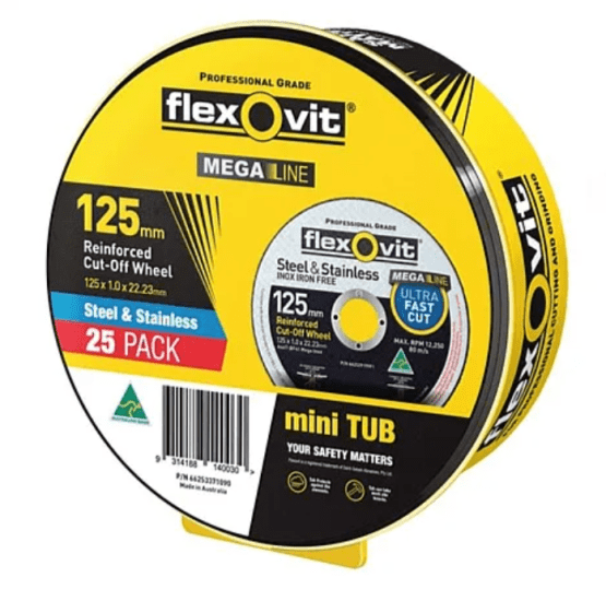 Flexovit 125mm steel and stainless cut-off disks in a 25-pack, featuring sharp aluminum oxide for fast, clean cuts.